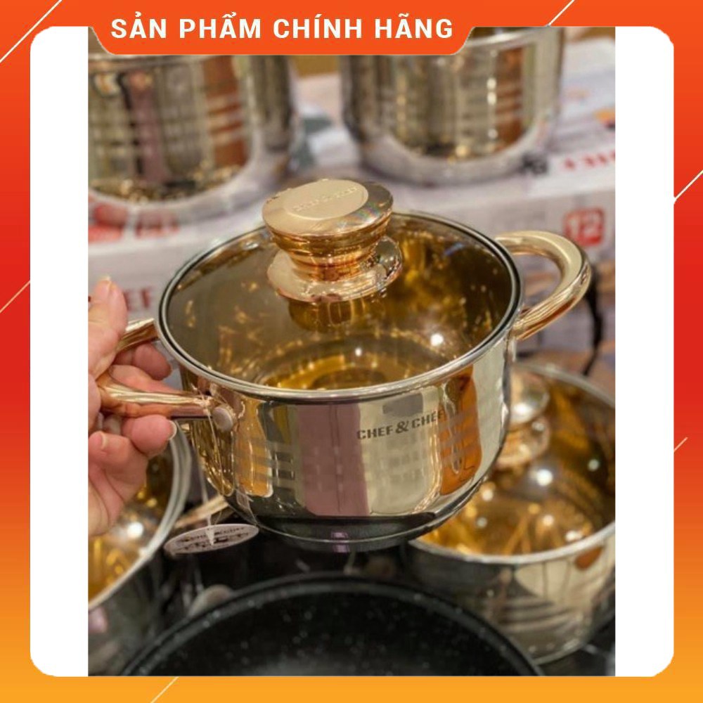 [ VÔ ĐỊCH GIÁ ] Bộ Nồi Inox 6 Món, 12 Chi Tiết, Vung Kính Vàng, Đáy 5 Lớp. Thương Hiệu Chef &amp; Chef. Công Nghệ Đức [ HÀNG