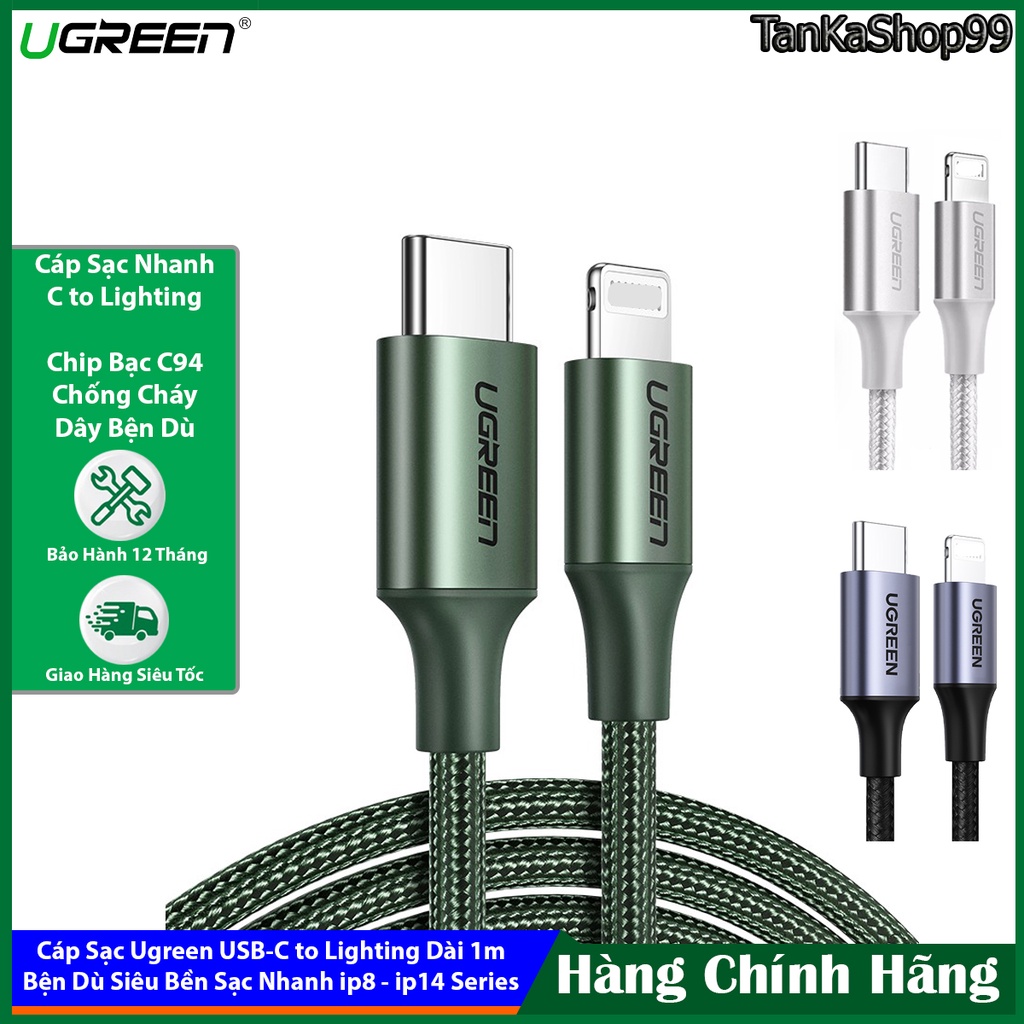 Cáp Sạc Nhanh Ugreen USB C to Lighting Dài 1m Bện Dù Siêu Bền Chip C94 , Sạc Nhanh PD ip8 - ip14 series