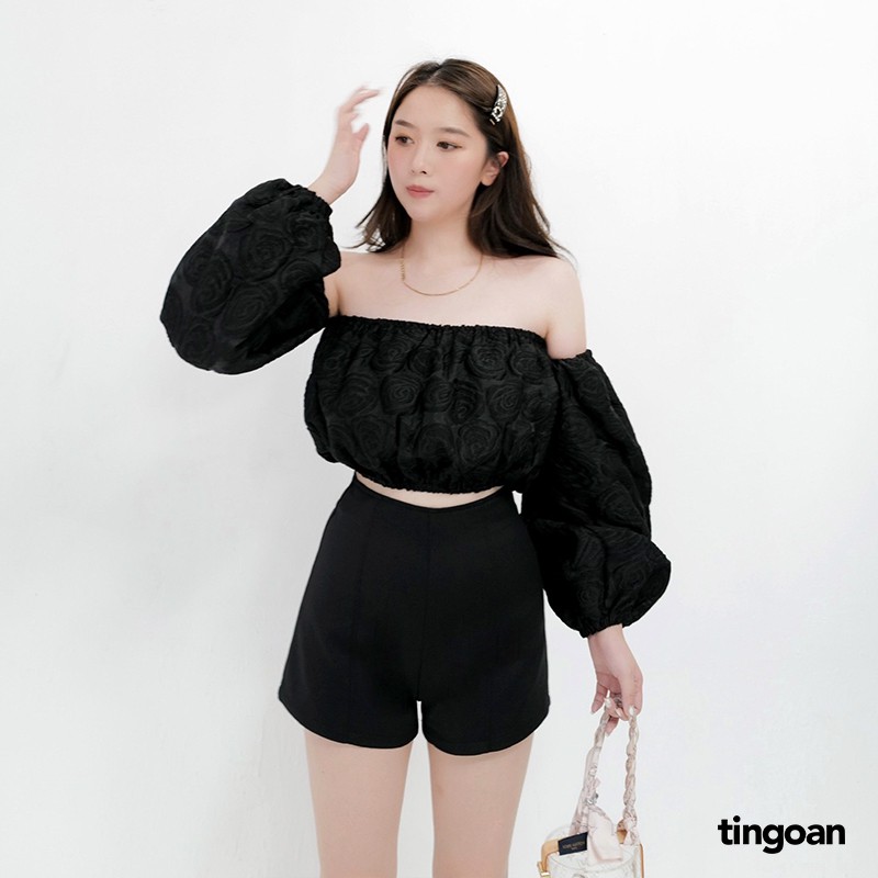 Áo trễ vai croptop tay rời vân hoa hông đen tingoan VALENTINA OFF/BL