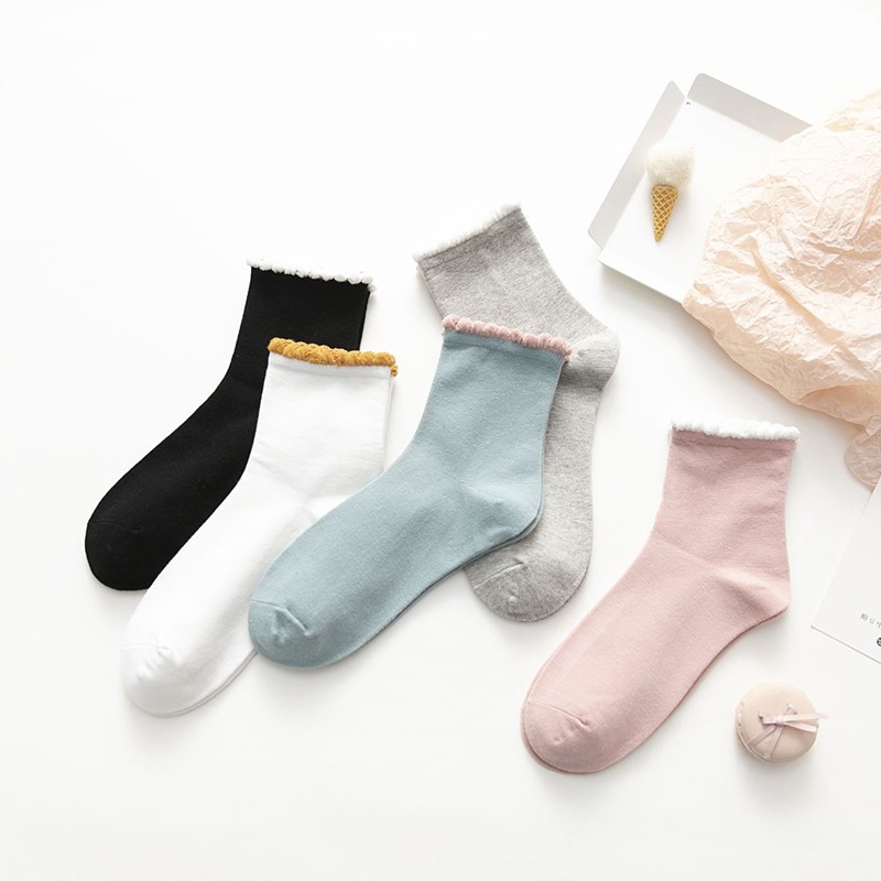 5 Pairs Korean Cute Solid Women Socks Puffy Brim Japanese Kawaii New Girls Hosiery Colorful Cotton Harajuku Female Ankle Socks