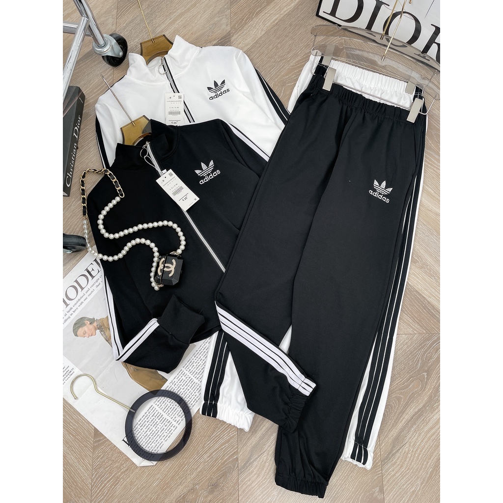 BỘ thể thao adidas nữ thu đông 3 sọc logo in, quần áo thể thao nam nữ co giãn, đồ cao cấp  màu cơ bản