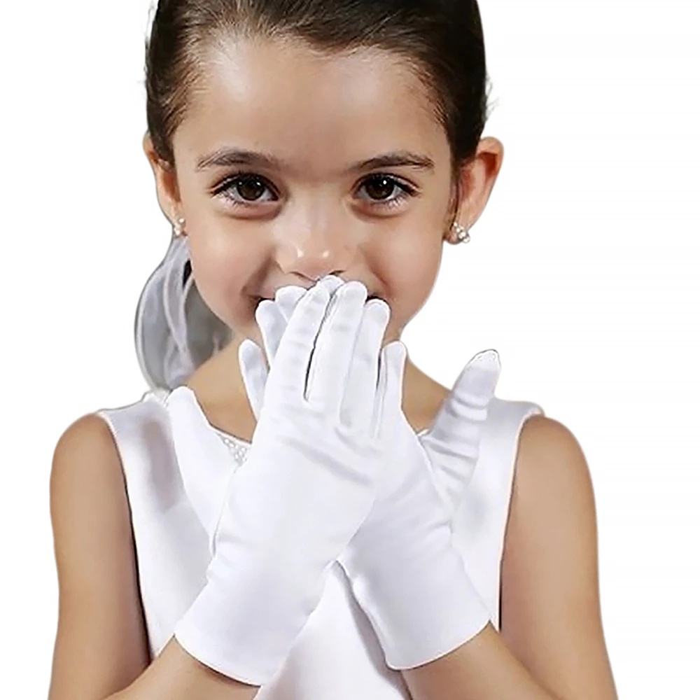 Găng Tay Công Chúa Vải Satin Mềm Mại Co Giãn Hình Bông Hoa Màu Trắng Trang Trọng Thời Trang Dành Cho Bé Gái Trong Tiệc Cưới Hoặc Nhảy Múa