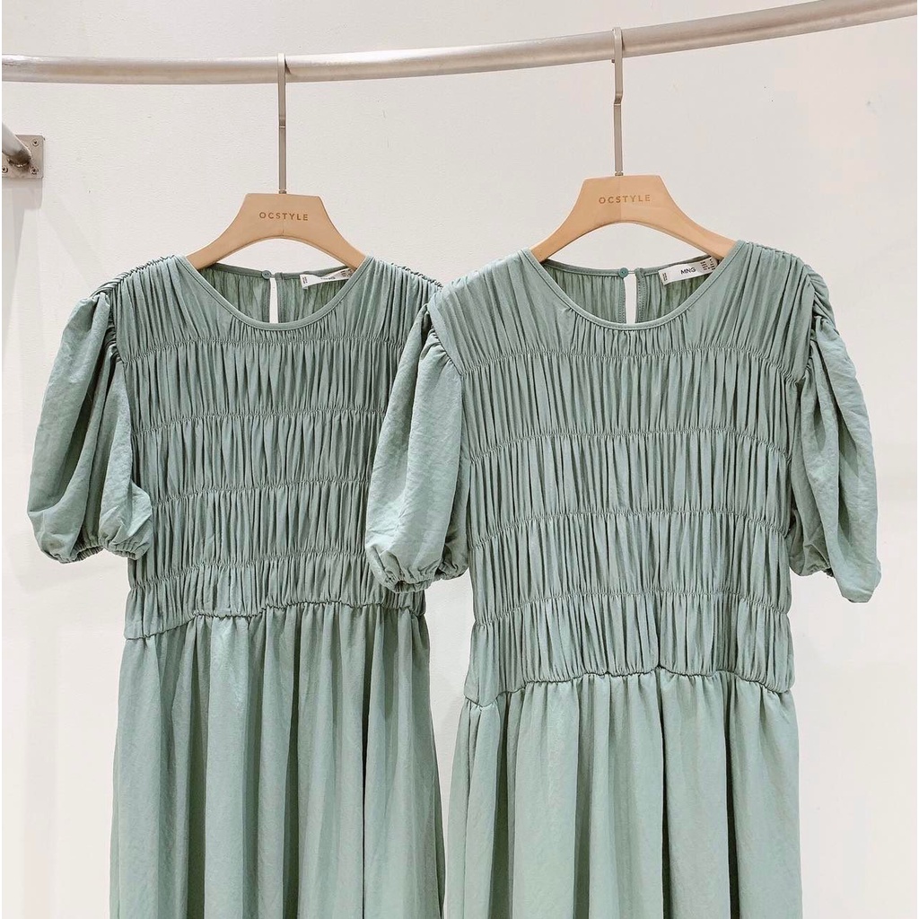 MSD012 Đầm M.ng Xanh Mint Phong Cách Đơn Giản Thanh Lịch Váy Midi Cổ Tròn Tay Lỡ