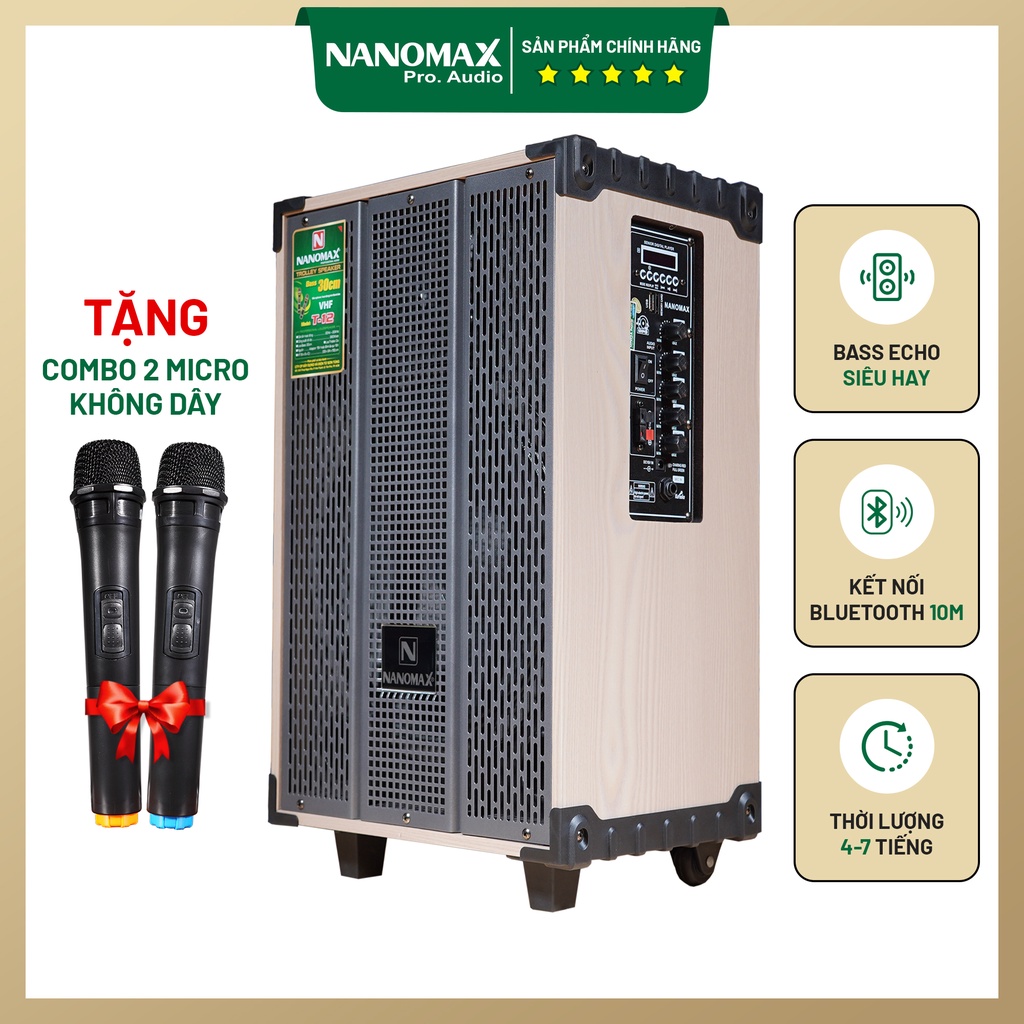 Loa Kéo Karaoke Mini Nanomax T-12 Bass 3 Tấc 30cm Công Suất 260W Màu Xám Có Đọc USB Thẻ Nhớ