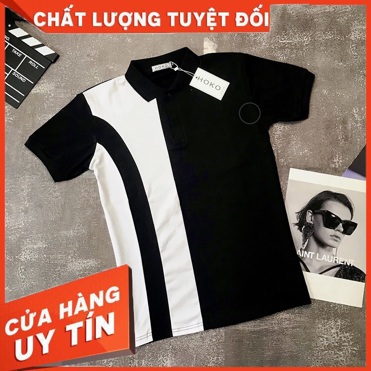 Áo polo nam cổ bẻ, áo thun nam nữ cổ trụ tay ngắn phối sọc dọc 2 màu đen trắng trẻ trung lịch lãm chất cotton