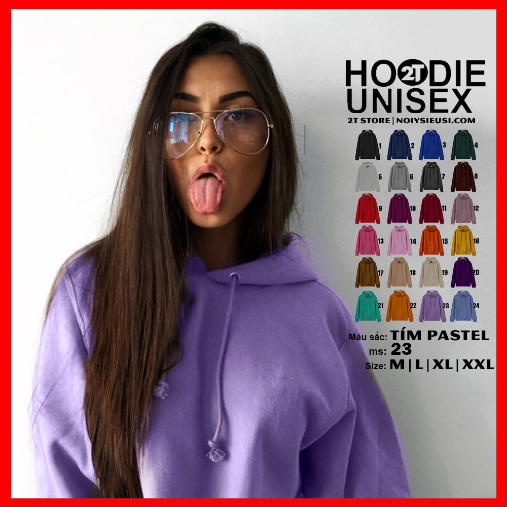 Áo hoodie unisex 2T Store H23 màu tím pastel - Áo khoác nỉ chui đầu nón 2 lớp dày dặn đẹp chất lượng