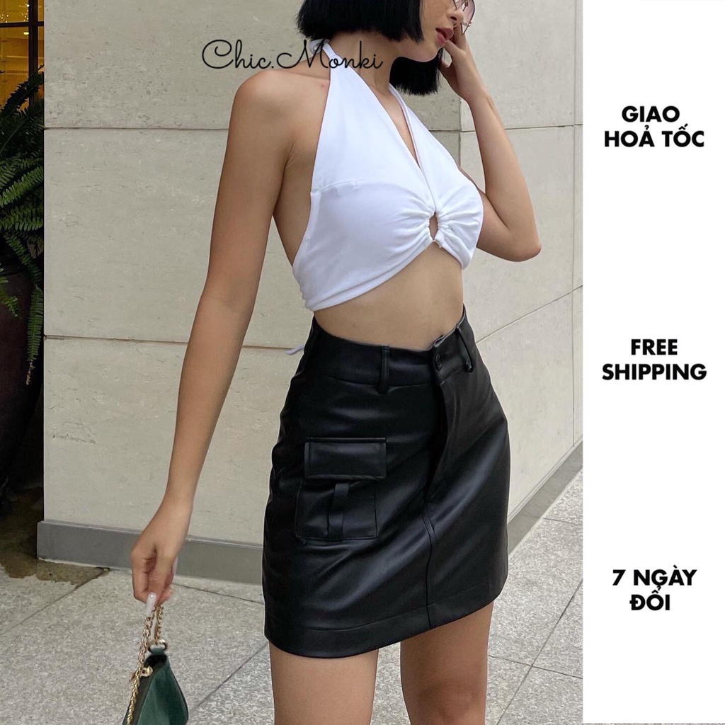 Quần váy da CMK phom chữ A ngắn, túi hộp - LEATHER SKORT 720 (Có lót quần bên trong)