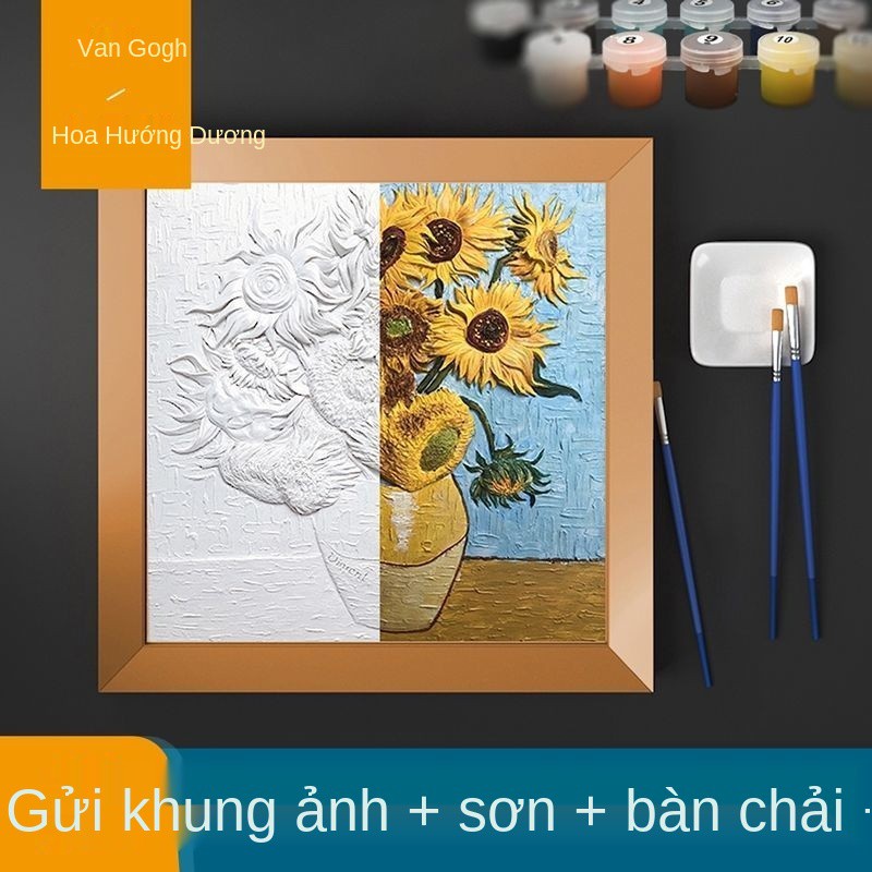 Bức tranh sơn dầu kỹ thuật số phù điêu ba chiều vẽ tay Van Gogh tự làm và tô màu hiếp dâm trang trí hoa hướng dương Châu