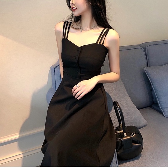 Đầm Hai Dây Dáng Dài Màu Đen Phong Cách Mori Thời Trang Xuân Hè Xinh Xắn Cho Nữ