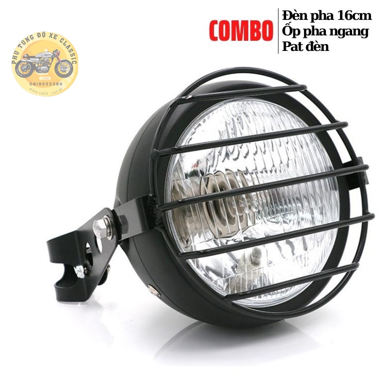 Combo đèn pha độ 16cm kèm sẵn ốp sắt bảo vệ pha và bộ pat gắn đèn vào phuộc dùng độ xe CLASIC Win GN125