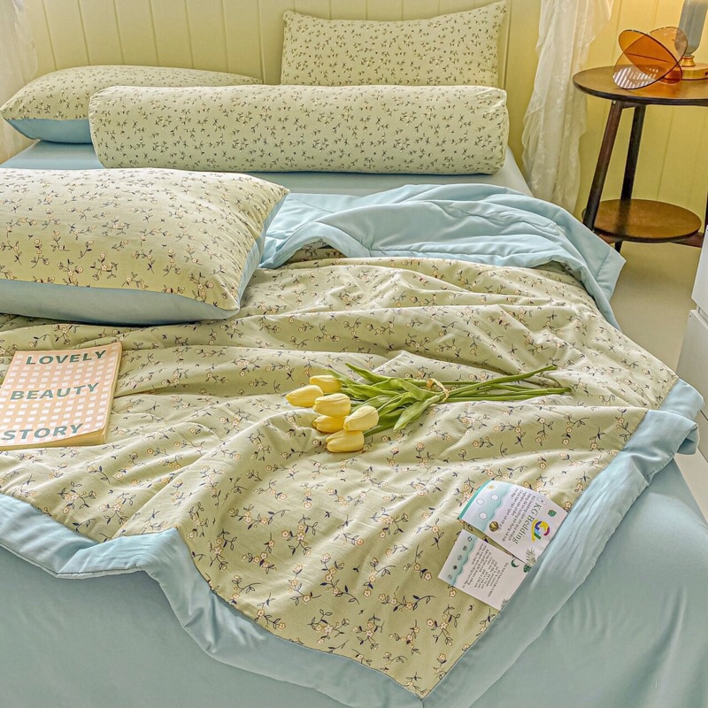 Set chăn ga 5 món cotton đũi thô chăn trần hoạ tiết vitageo