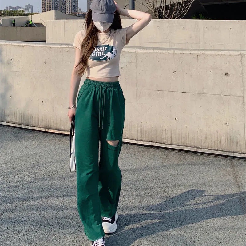 COZOKC COZOK Set Áo thun ngắn tay in họa tiết + quần ống rộng COZOK lưng cao thời trang cho nữ