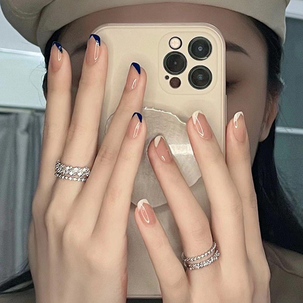 Bộ 24 Móng Tay Giả Đầu Vuông Dạng Nhấn Che Phủ Toàn Diện Kiểu Pháp