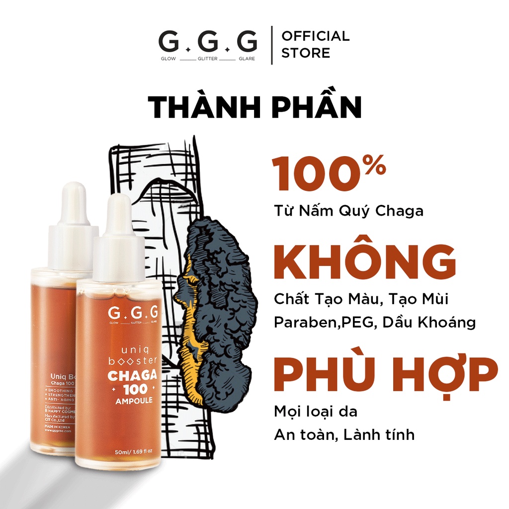 Tinh Chất Phục Hồi, Làm Dịu, Cấp Ẩm từ nấm Chaga GGG Uniq Booster Chaga 100 Ampoule 50ml