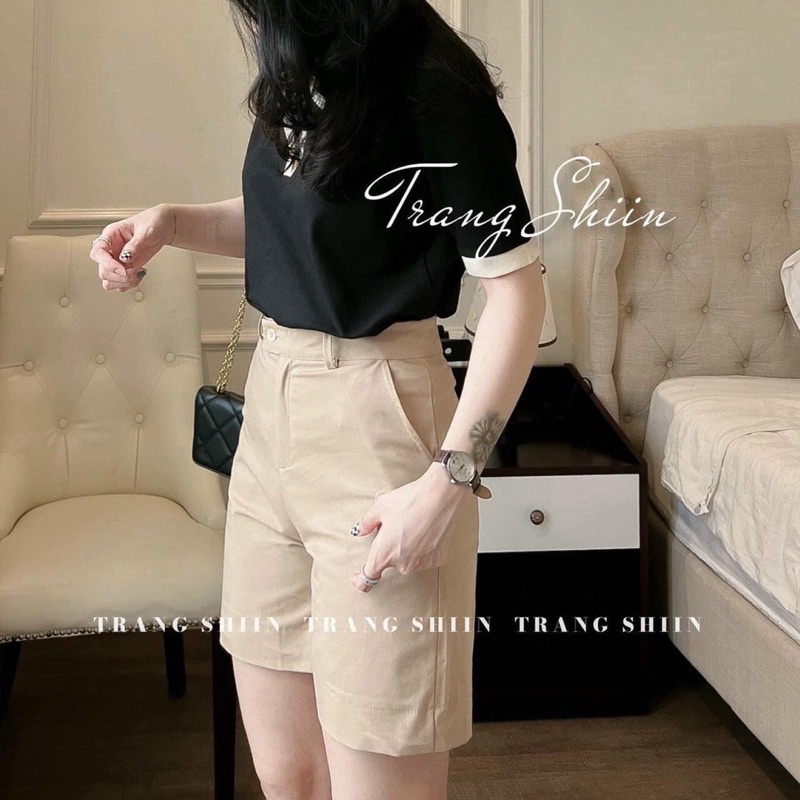Set áo thun cổ bẻ viền + quần sooc kaki TTS588