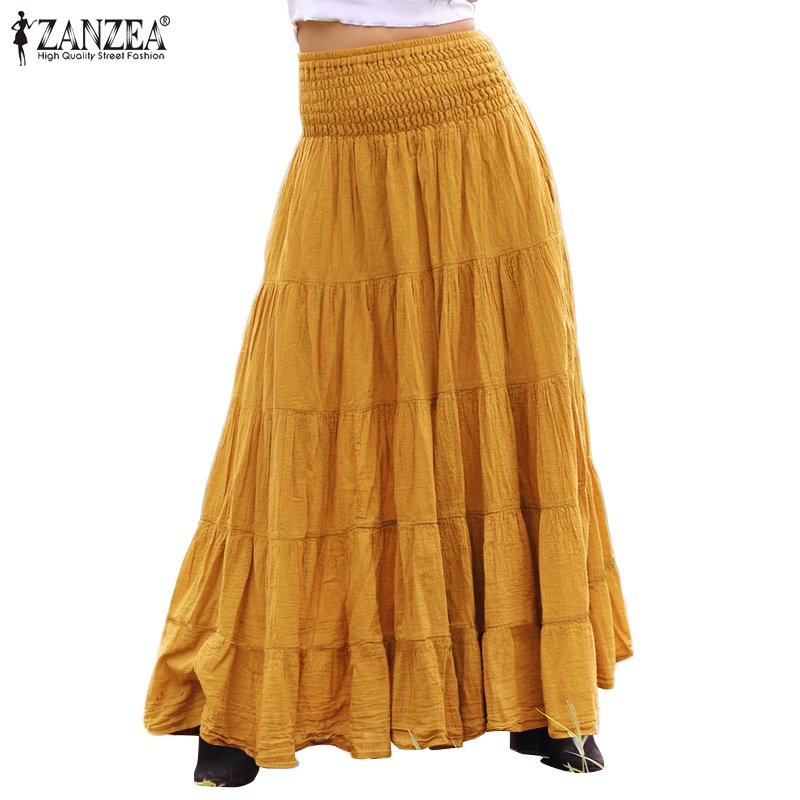 Chân váy maxi ZANZEA tà xòe rộng eo co giãn màu trơn thời trang retro cho nữ