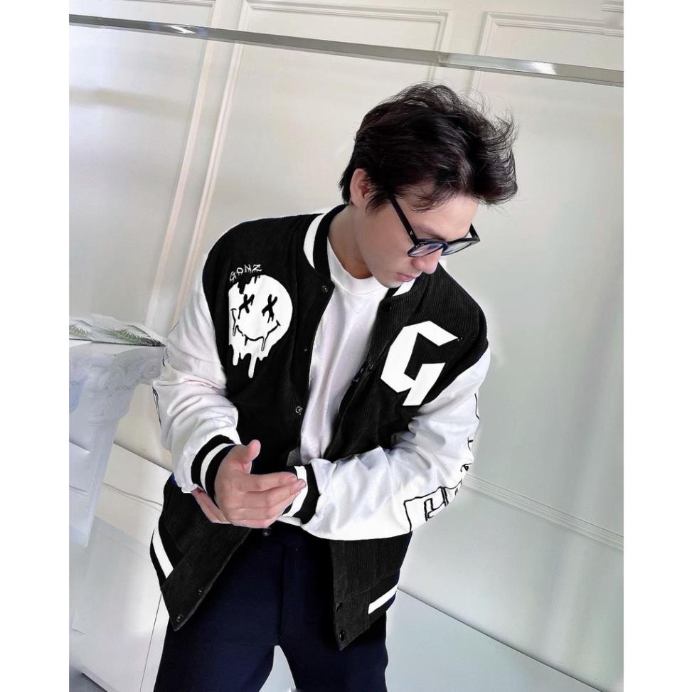 Áo khoác Bomber, Varsity jacket Gonz Black V13 nỉ nhung 2 lớp form rộng, áo bomber unisex gonz phong cách