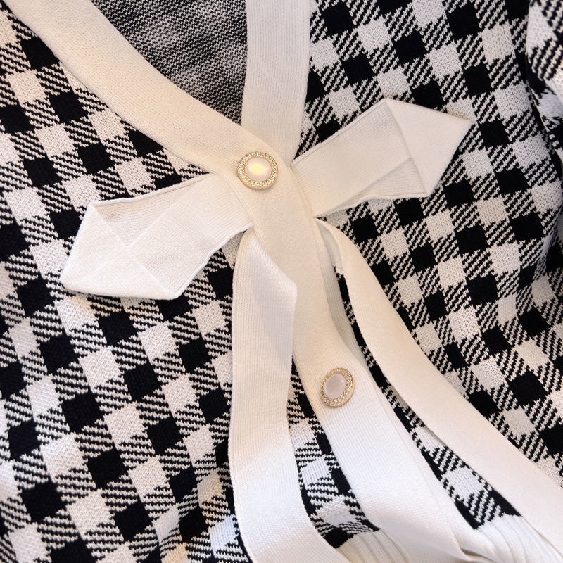 Áo Khoác Cardigan Dệt Kim Cổ Chữ V Thắt Nơ Họa Tiết Sọc Caro Thời Trang Mùa Thu