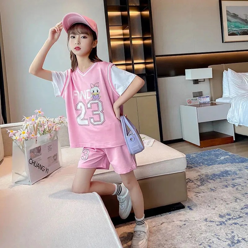 Bộ Trang Phục Thể Thao Hai Mảnh Mùa Hè Gồm Áo Thun Và Quần Short Bóng Rổ Phong Cách Phương Tây Cho Bé Gái