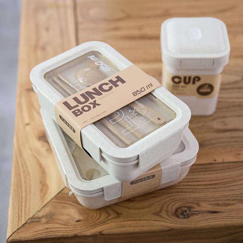 Hộp Cơm Đựng Giữ Nhiệt Lúa Mạch 2 Ngăn Lunch Box Tặng Kèm Bộ Đũa Thìa