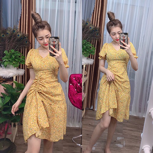 Váy hoa nhí đẹp dễ thương dự tiệc cỏ V tay phồng, đầm hoa nhí dự tiệc có tôn dáng có dây rút 1 bên D092- Anquachi | BigBuy360 - bigbuy360.vn