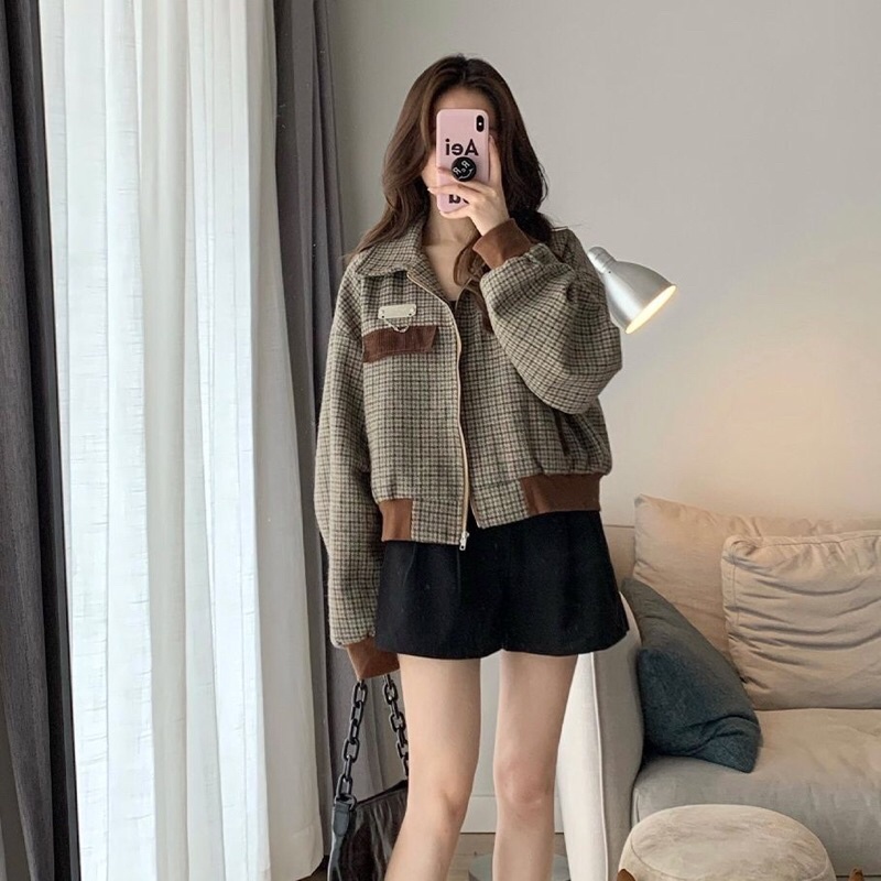Áo khoác dạ bomber dài tay có cổ hoạ tiết kẻ caro nhỏ màu nâu hàng quảng châu loại 1 chất dày dặn