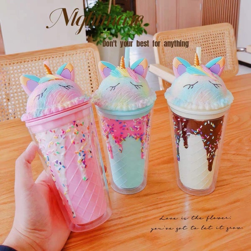 Ly nhựa 2 lớp giữ nhiệt hình kem ốc quế kì lân