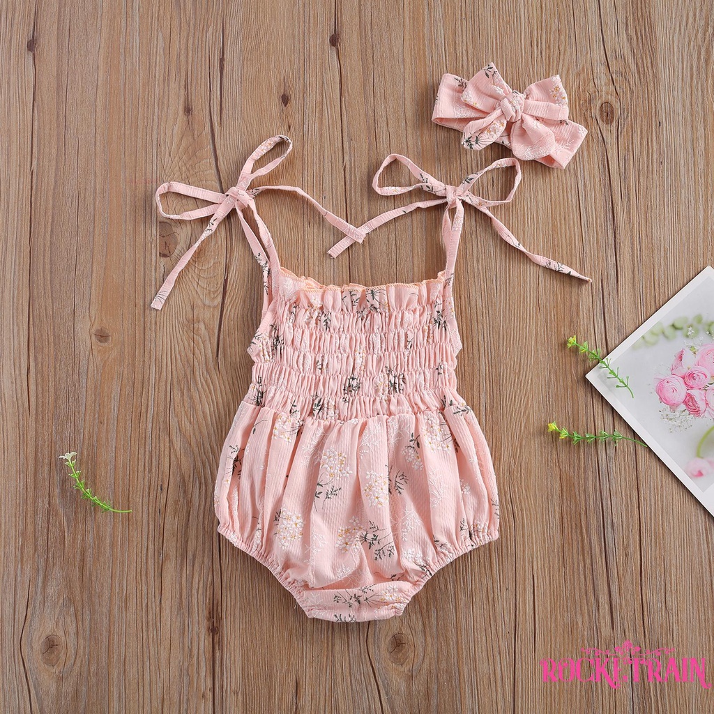 Set 2 Món Áo Liền Quần Họa Tiết Hoa + Băng Đô Nơ Cho Bé Gái