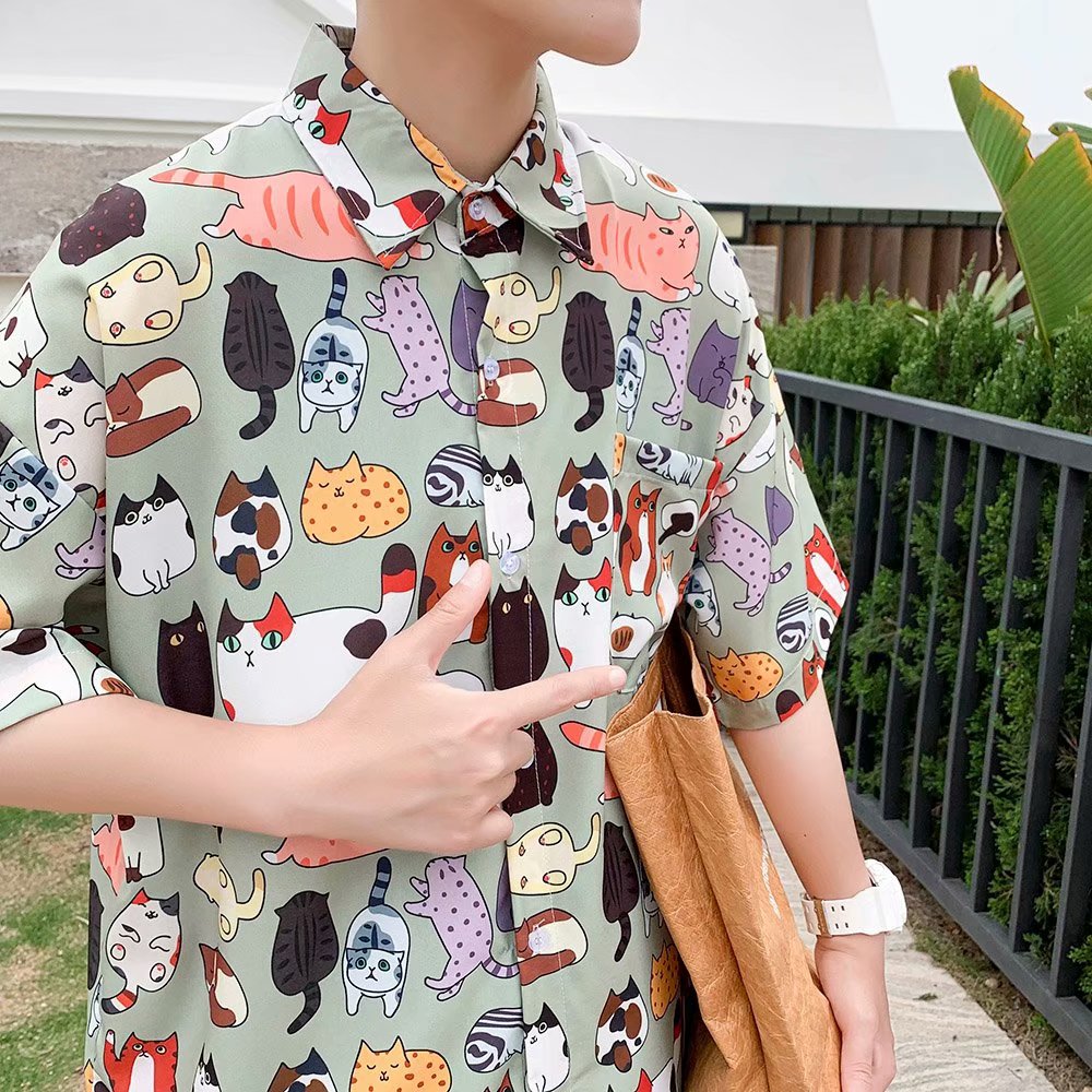 Áo Sơ Mi Ngắn Tay In Hình Mèo Ngộ Nghĩnh Thời Trang Nam