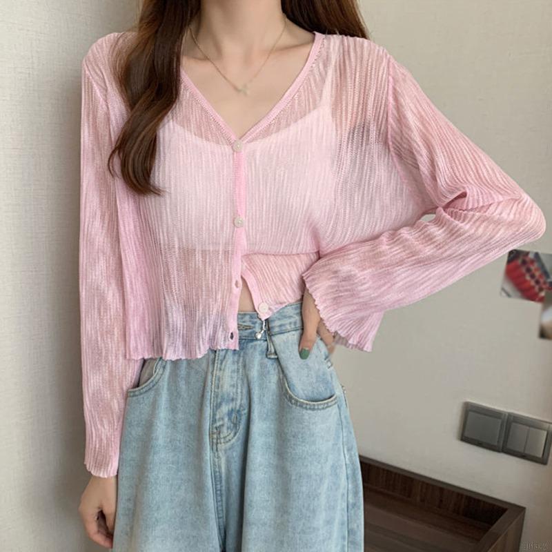 Áo Cardigan Dệt Kim Tay Dài Cổ Chữ V Màu Sắc Đơn Giản Phong Cách Hàn Quốc Thời Trang Mùa Hè Cho Nữ