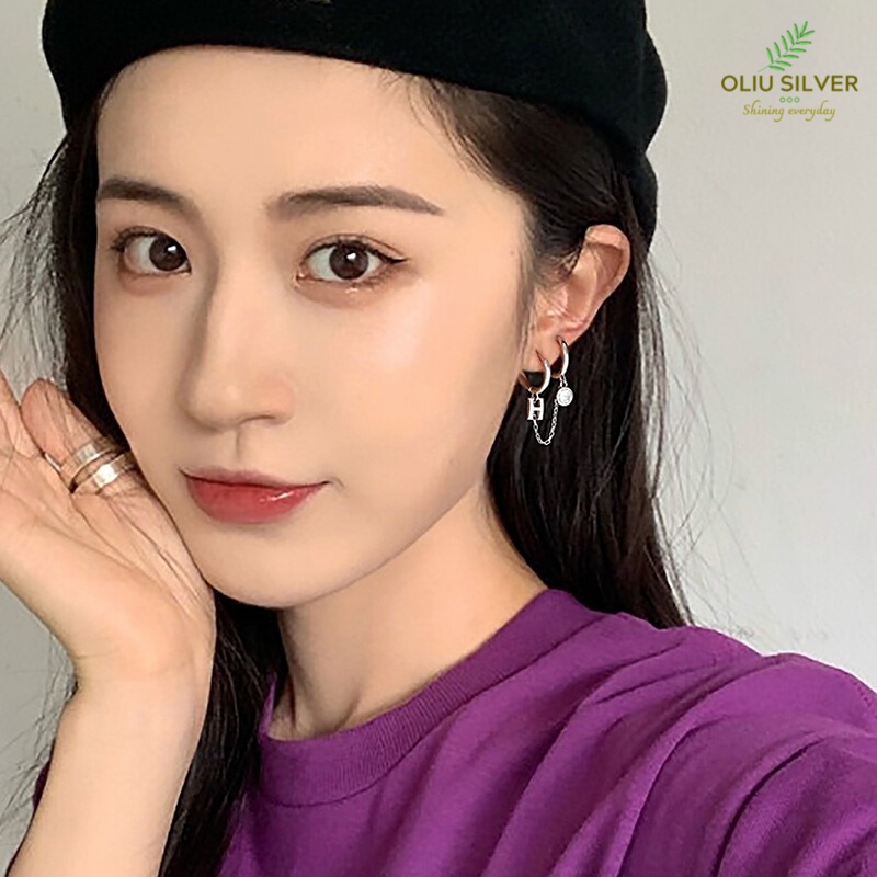 Bông Tai Bạc S925 Chữ H Dạng Khoen Tròn Hai Lỗ Xỏ Đính Đá Zircon Trẻ Trung Cá Tính | Khuyên Tai Nữ Trang Sức Bạc 925