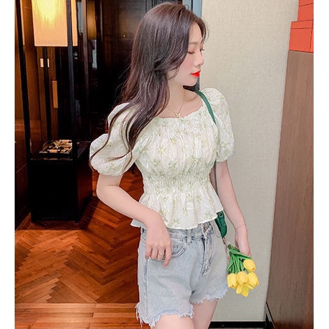 Áo Voan Tay Ngắn Cổ Vuông Xếp Ly Ôm Eo Phong Cách Phương Tây Mẫu Mới 2022 Thời Trang Cho Nữ