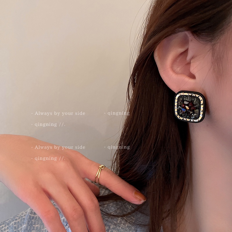 DREJEW Bông Tai Hình Vuông Màu Đen Đính Kim Cương Bạc Thời Trang Sang Trọng Cho Nữ