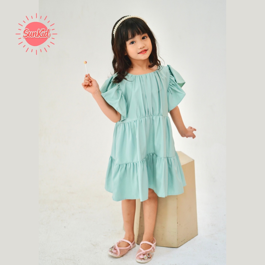 Váy đầm hè bé gái dáng babydoll trơn vải trượt nhật cao cấp Sunkid CT1 màu xanh 4-12 tuổi