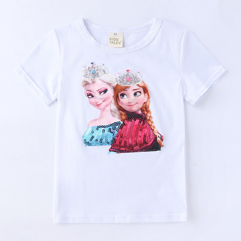 Áo thun cotton tay ngắn hình công chúa Frozen đính kim sa thời trang mùa hè cho bé 1-8 tuổi