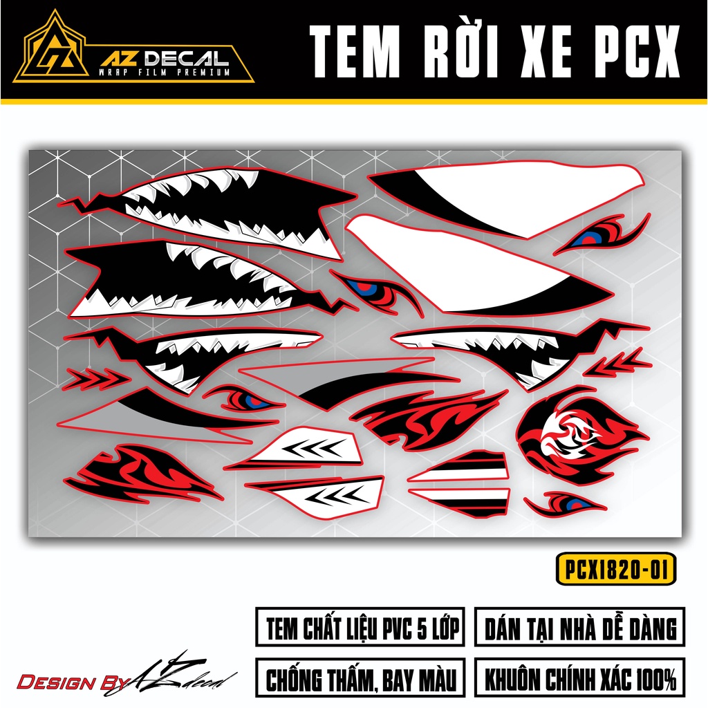 Tem Rời Dán Xe PCX Mẫu Cá Mập | PCX-01 | Decal Chế Xe Máy PCX 125 150 160 Năm 2014 - 2020 Chống Nước, Bền Màu