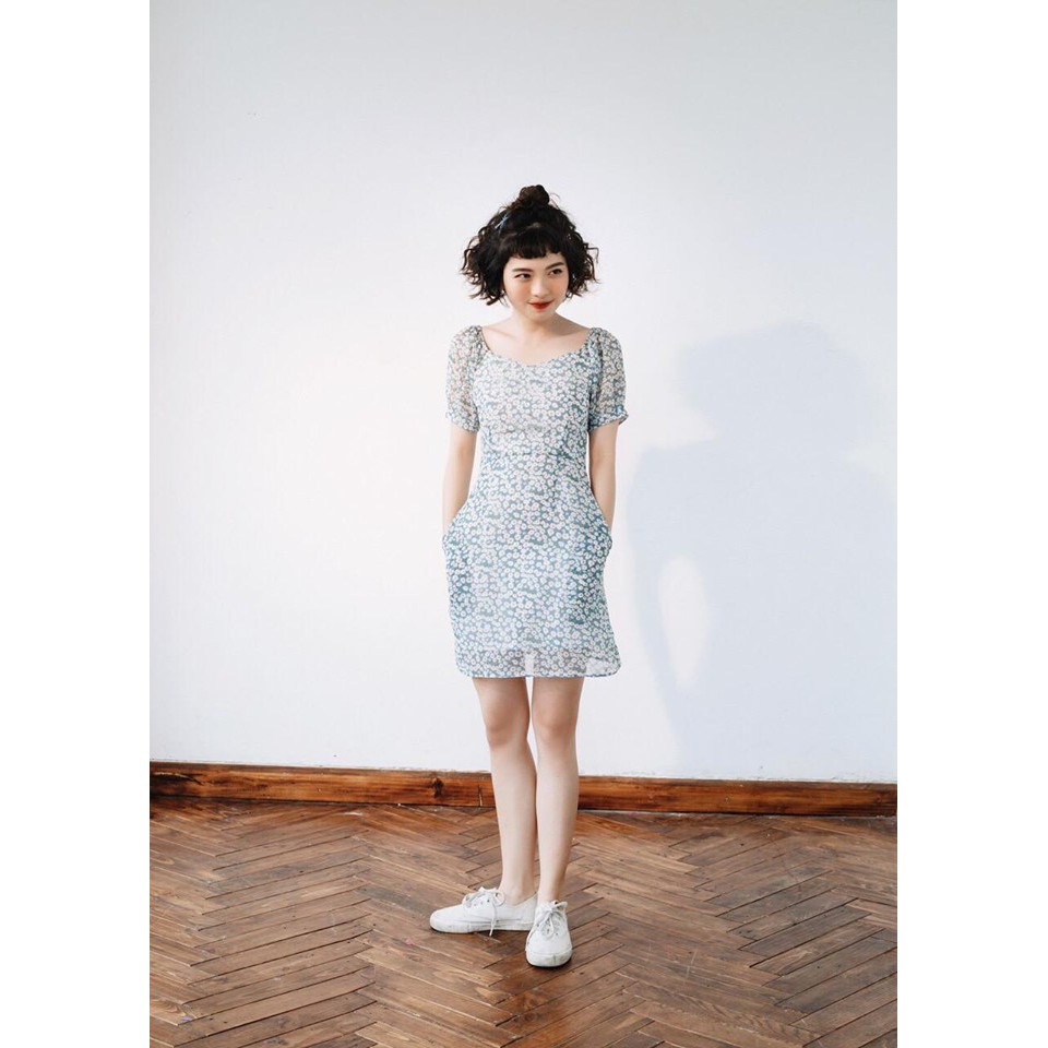 Kiman Dress - Đầm hoa xanh vải voan