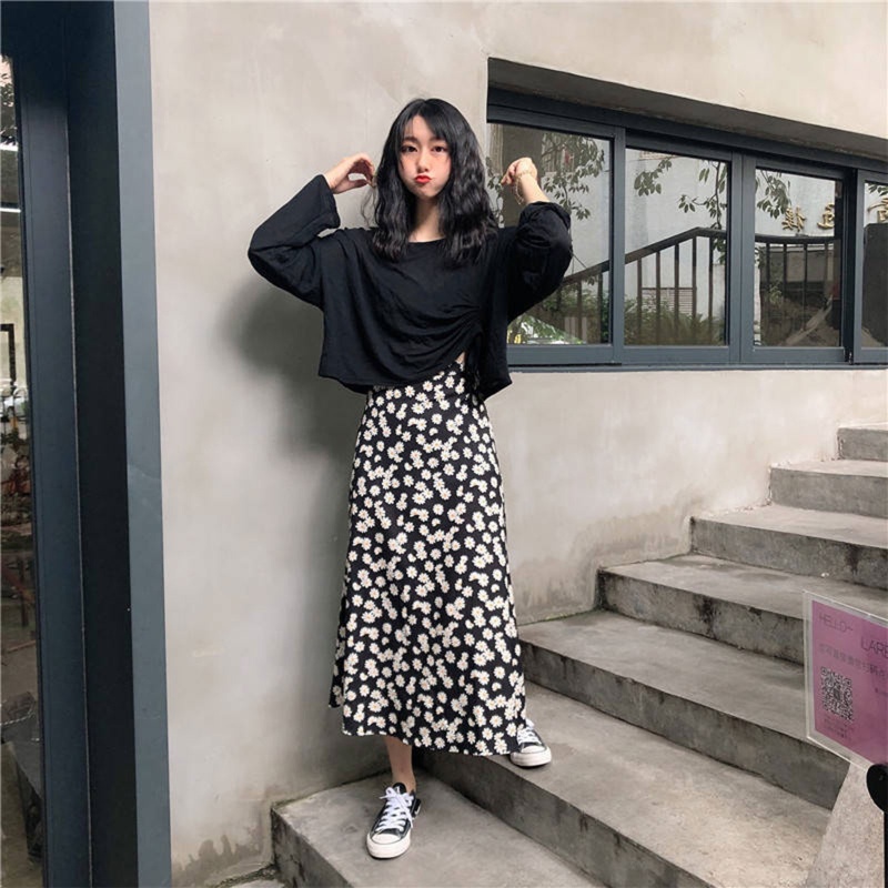 Chân Váy Midi Chữ A Lưng Cao In Họa Tiết Hoa Thời Trang Cho Nữ