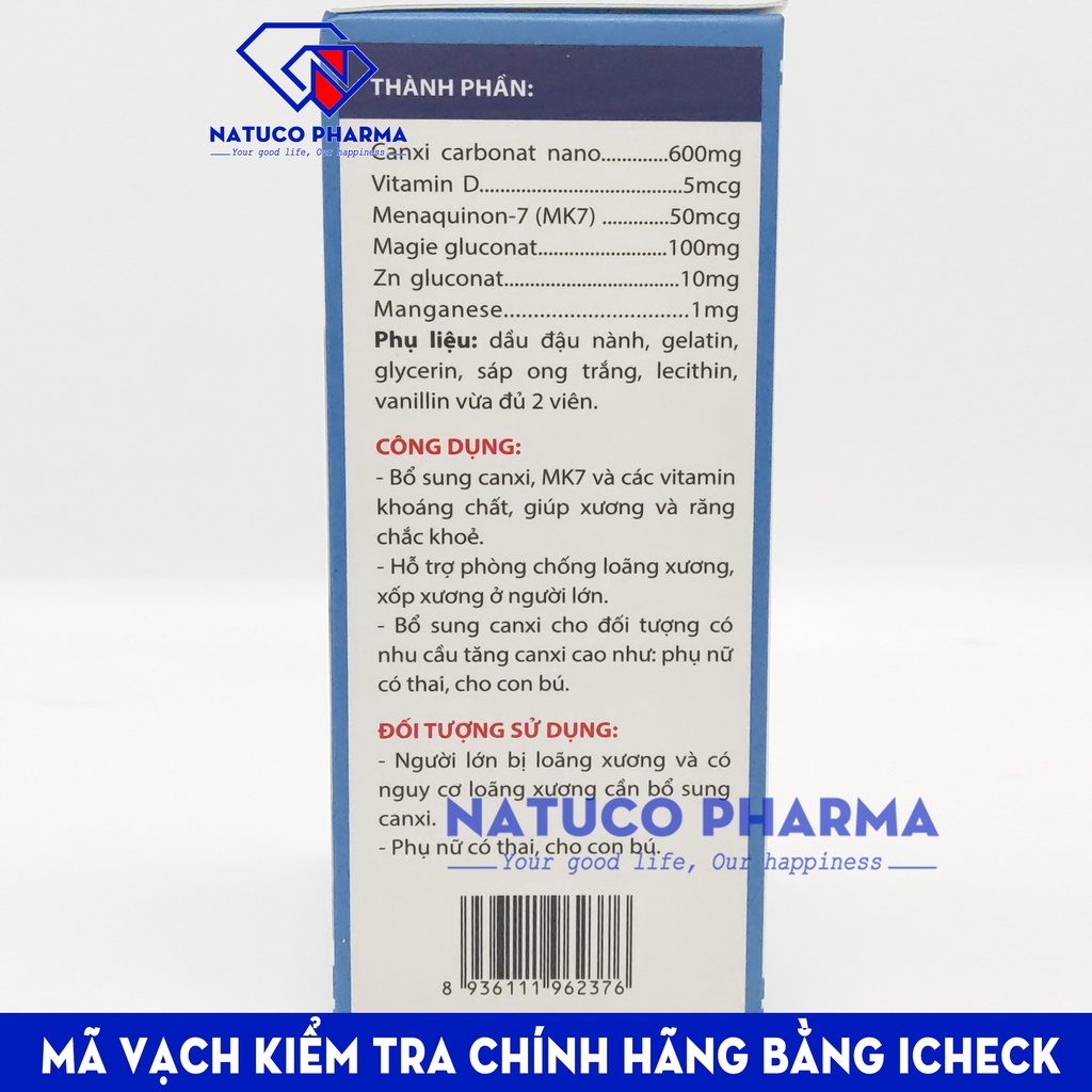Canxi Nano MK7 Viên uống canxi giúp phát triển hệ xương, răng chắc khỏe, giảm loãng xương, tăng chiều cao - Hộp 30 viên
