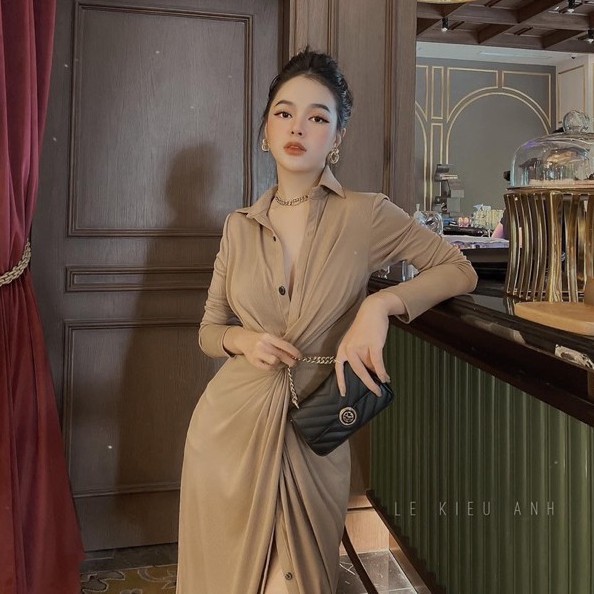 Đầm Len Sơ Mi Xoắn Eo Dáng Dài Sang Trọng, Váy Nữ Dự Tiệc Cổ Bẻ Khuy Dọc Siêu Xinh Shop Hoài Thu