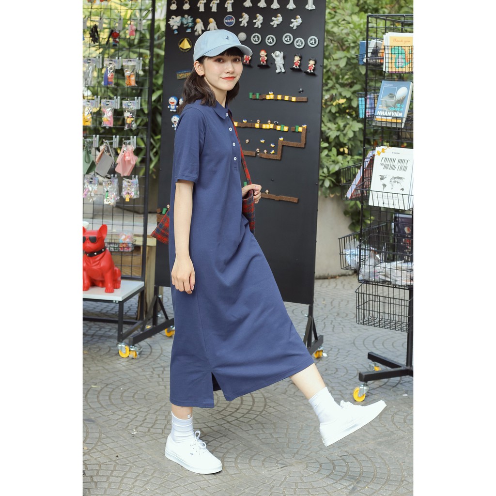 Đầm nữ polo dáng suông thời trang GAGO open collar oversize dress màu xanh dương đậm GG2985