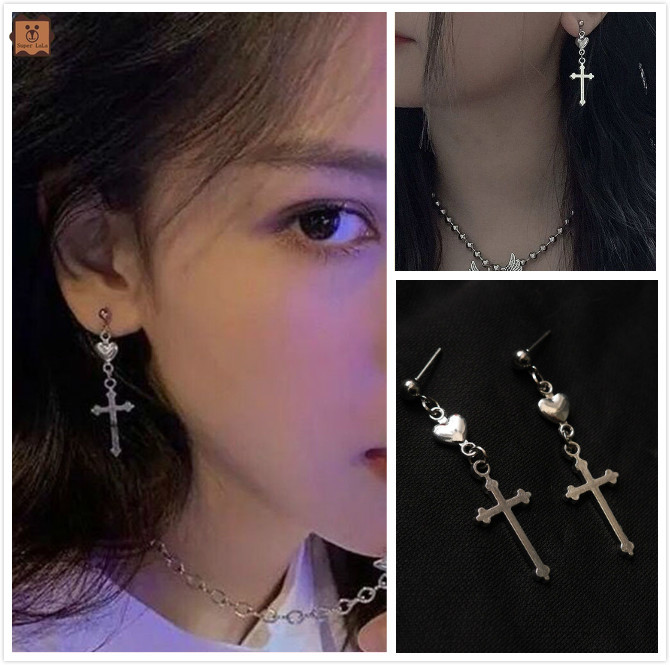 Bông tai trang trí mặt hình chữ thập và trái tim cá tính phong cách hiphop cho nữ