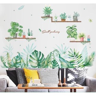 {SIÊU_RẺ} DECAL DÁN TƯỜNG PHONG CÁCH HÀN QUỐC NHIỆT ĐỚI Combo 2 tranh tán lá xanh nhiệt đới + kệ chậu cây lá nhiệt đới