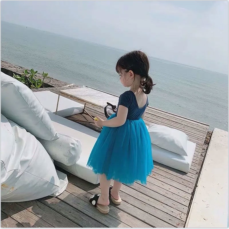 Đầm Công Chúa Ngắn Tay Phối Lưới Xinh Xắn Dành Cho Bé Gái