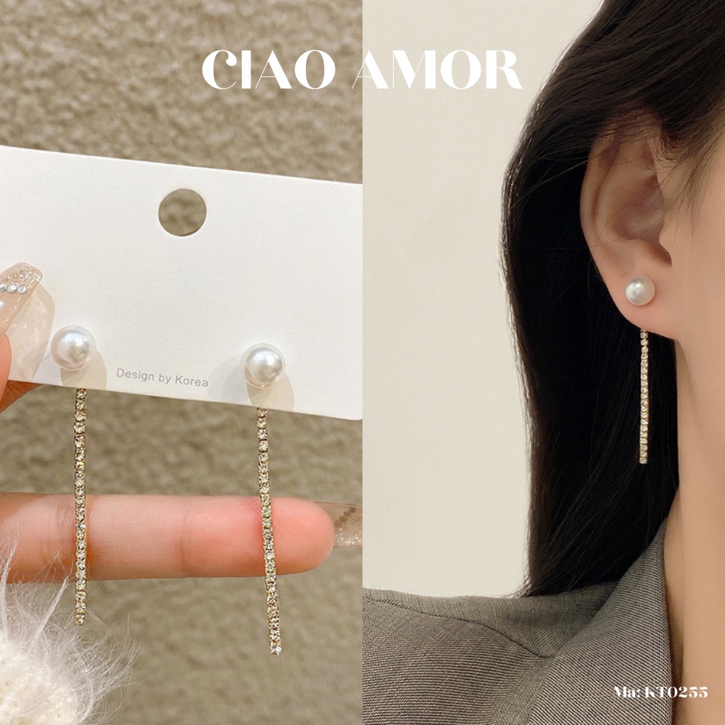 KT0255-Khuyên tai nữ, Bông tai dài bạc 925 dây đính đá hạt ngọc Trang sức Ciao Amor