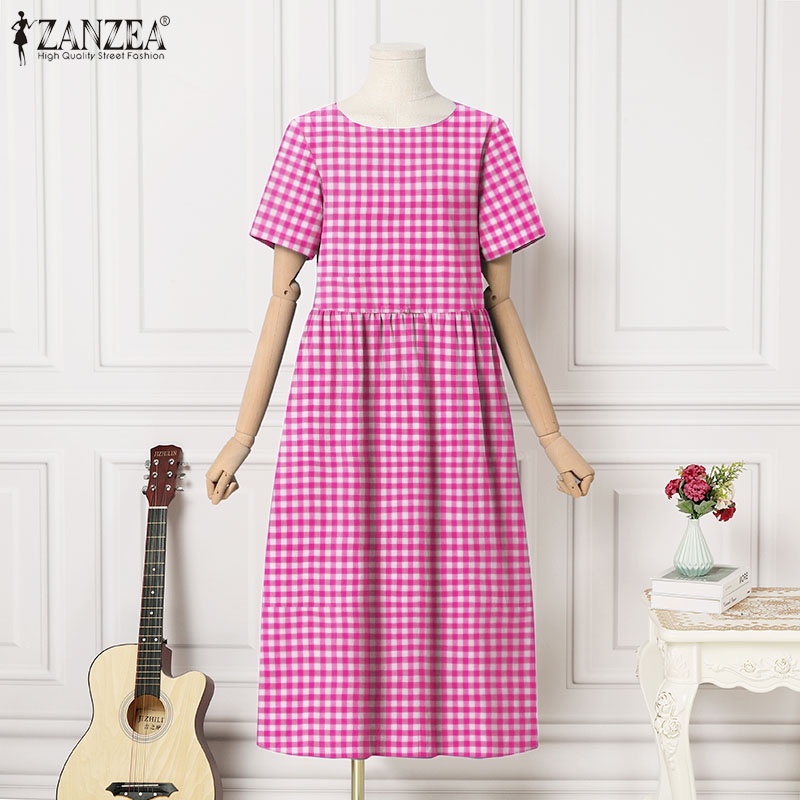 Đầm nữ ZANZEA ngắn tay cổ tròn form rộng họa tiết ca rô thời trang