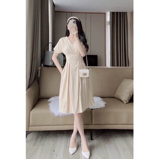 Đầm Midi Cổ Xẻ Chiết Eo váy du lịch đi biển đi tiệc LINSTORE Thiết Kế Thanh Lịch Nữ Tính  V2