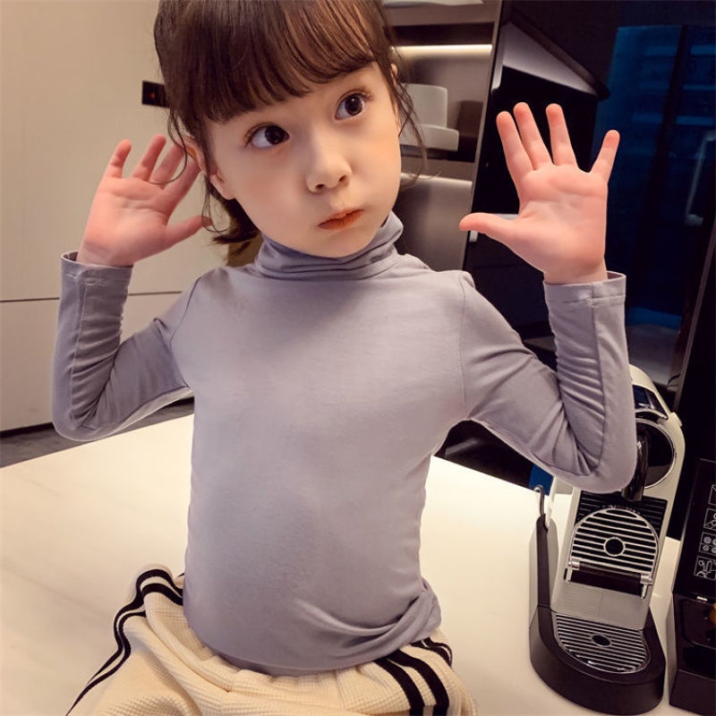 Áo thun tay dài cổ lọ màu trơn thời trang mùa thu nhiều màu tùy chọn cho bé gái