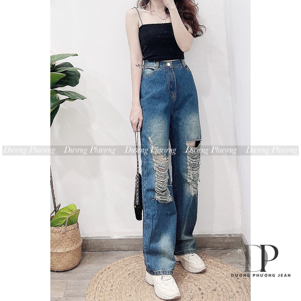 Quần jean nữ ống rộng, quần jean nữ dài wax gối kiểu cá tính - QU069