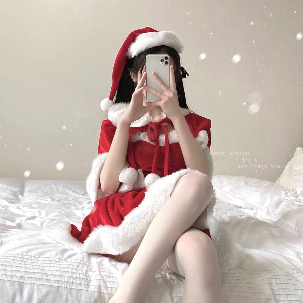 SẴN SET M Bộ đồ đỏ giáng sinh noel đầm ống dây chéo cột rút ôm eo hở vai lưng sexy kèm áo choàng lông kèm nón ulzzang